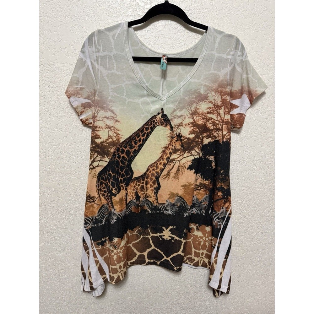 Big Bang Safari Graphic Tunic Top Giraffe Bedazzled Crystal Animal Print Sz XL